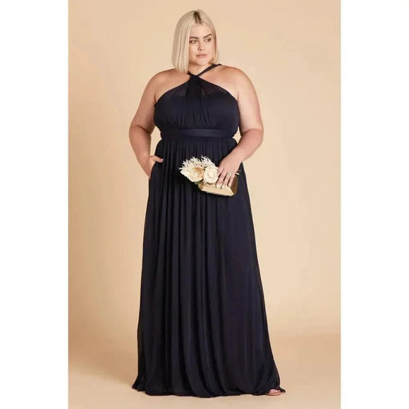 NWT Birdy Grey Kiko Maxi Dress Grecian Halter Soft Ruched Mesh Navy Curve 3X - Picture 4 of 7